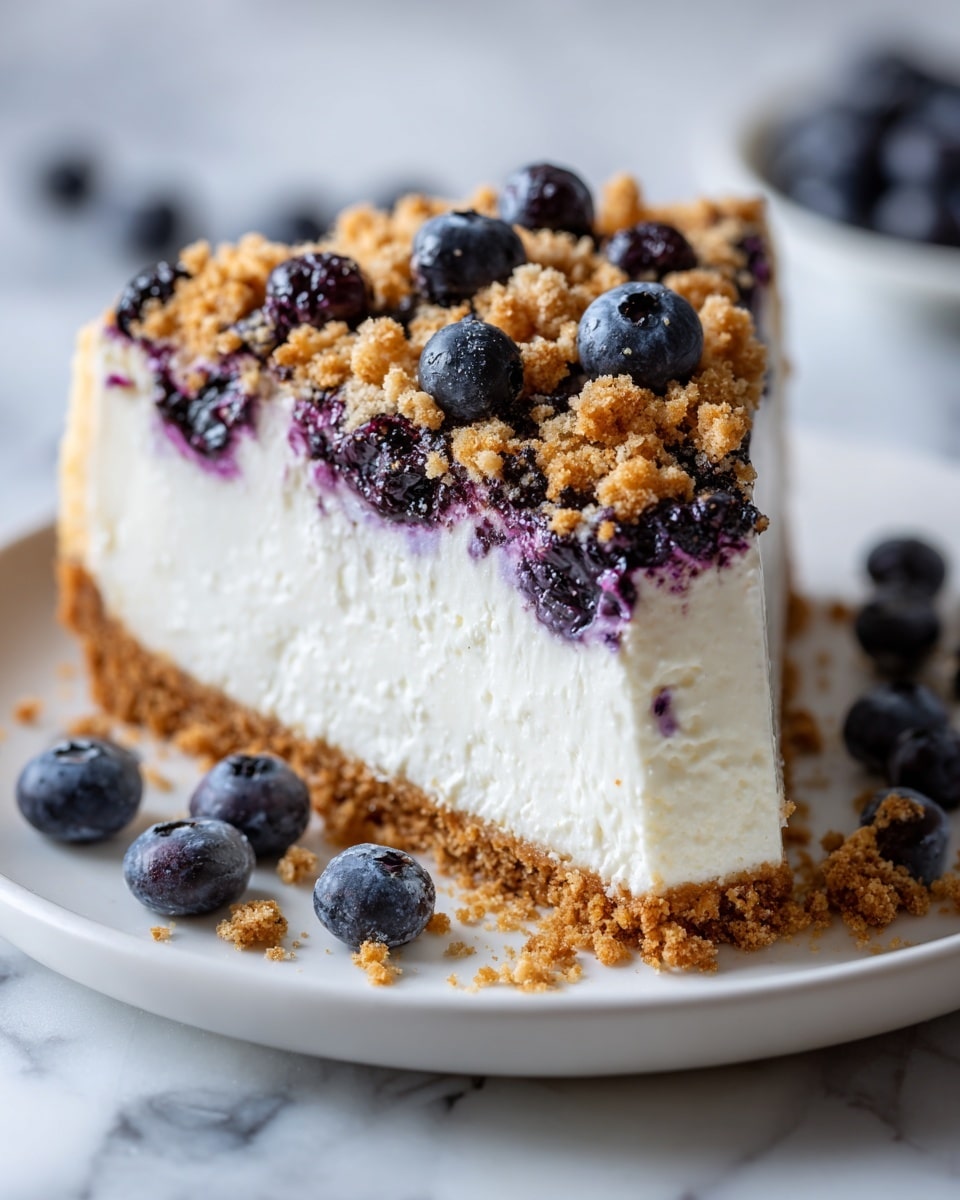 A single slice of cheesecake is shown on a white plate with a wavy edge and brown speckles. The cheesecake has three clear layers: a thick, smooth, creamy white middle layer; a crumbly, light brown crust at the bottom and edges; and a top layer featuring a glossy, dark purple blueberry topping with whole blueberries visible. A silver fork is placed next to the cheesecake on the plate. The plate rests on a white marbled surface with a few fresh blueberries scattered around. photo taken with an iphone --ar 4:5 --v 7
