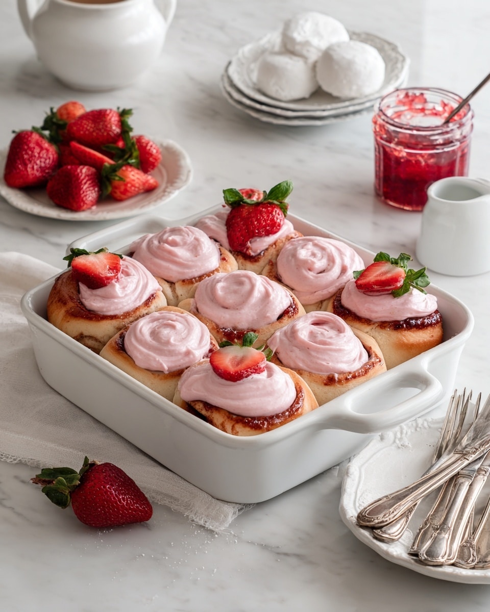 The image shows six cinnamon rolls in a white ceramic baking dish, each topped with a thick layer of smooth, pink frosting with a creamy texture. The rolls are golden brown around the edges and lighter inside, with visible spiral patterns of filling. Fresh strawberries, some whole and some cut in halves, are placed on top of and around the cinnamon rolls, adding red accents and green leafy tops. The baking dish sits on a white marbled surface, surrounded by a small white plate of halved strawberries, a jar of red strawberry jam with a spoon inside, a small white milk jug, vintage silver cutlery on a white marbled tray, and a white dish holding powdered sugar dusted items. photo taken with an iphone --ar 4:5 --v 7