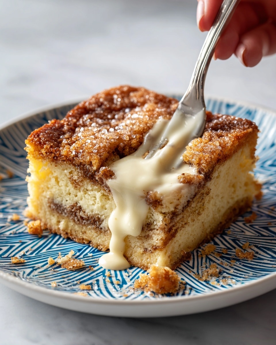 A close-up view of a single piece of cinnamon sugar cake sitting on a white plate with a white marbled surface beneath it. The cake has two visible layers: the bottom layer is soft and light brown with a moist and spongy texture, showing small air pockets inside, while the top layer is a darker golden brown crust covered with a rough, grainy layer of cinnamon sugar that looks crunchy. The crust is uneven and slightly cracked, emphasizing the sugary sprinkle on top. The background is softly blurred, focusing attention mainly on the cake piece. photo taken with an iphone --ar 4:5 --v 7