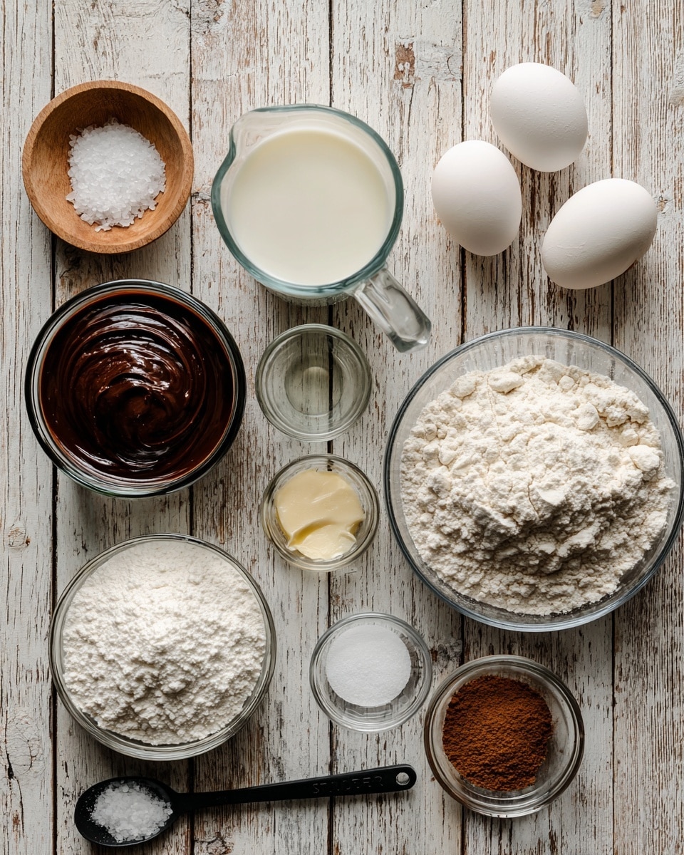 The image shows ingredients for baking laid out on a wooden surface with a rustic look, changed to a white marbled texture. There is a small wooden container holding salt, a clear glass measuring cup filled with milk, two white eggs placed side by side, and a small glass bowl of vanilla liquid. A white measuring cup is full of white flour, next to a small glass bowl containing coconut oil. A jar of chocolate SunButter with a sunflower on its label is angled slightly. Near the bottom, there is a small glass bowl filled with white sugar, and a tiny glass bowl with baking soda and baking powder. A black measuring spoon holds cinnamon powder, and all items are labeled with simple text. photo taken with an iphone --ar 4:5 --v 7