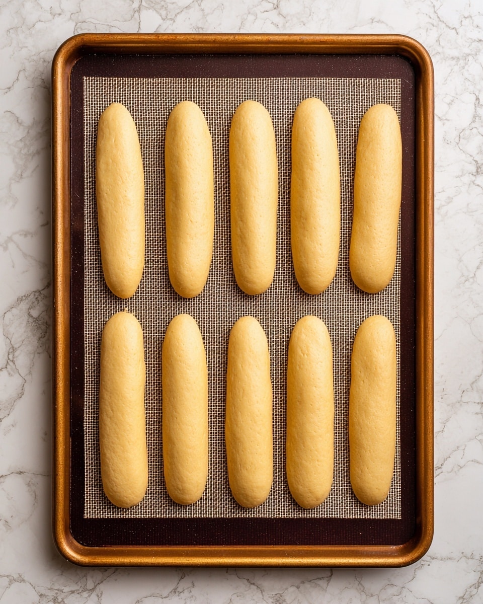 The image shows six uncooked, pale yellow dough sticks placed evenly on a baking tray lined with a fine mesh mat. The dough sticks are smooth and slightly shiny with rounded ends, arranged in two rows of three each. The tray has a dark brown edge, and the fine mesh mat underneath the dough sticks creates a textured grid pattern. The background is a white marbled texture. photo taken with an iphone --ar 4:5 --v 7