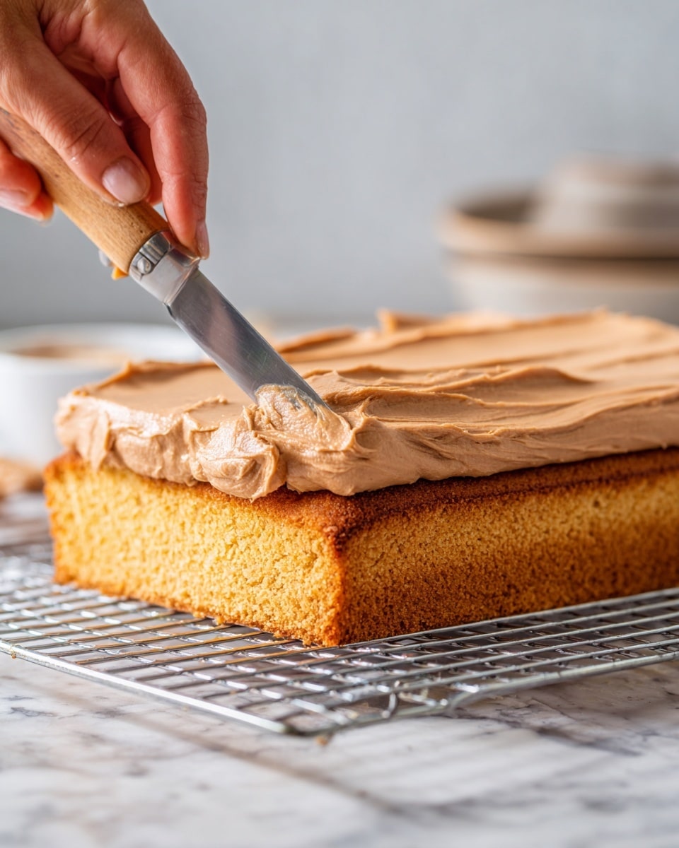 The image shows a close-up of a square cake with two layers, light brown on the sides, resting on a metal cooling rack over a white marbled surface. On top of the cake is a thick layer of smooth, shiny, light brown frosting being spread evenly using a silver knife with a wooden handle held by a woman's hand. The edges of the cake are slightly raised and golden brown. The background is softly blurred. photo taken with an iphone --ar 4:5 --v 7
