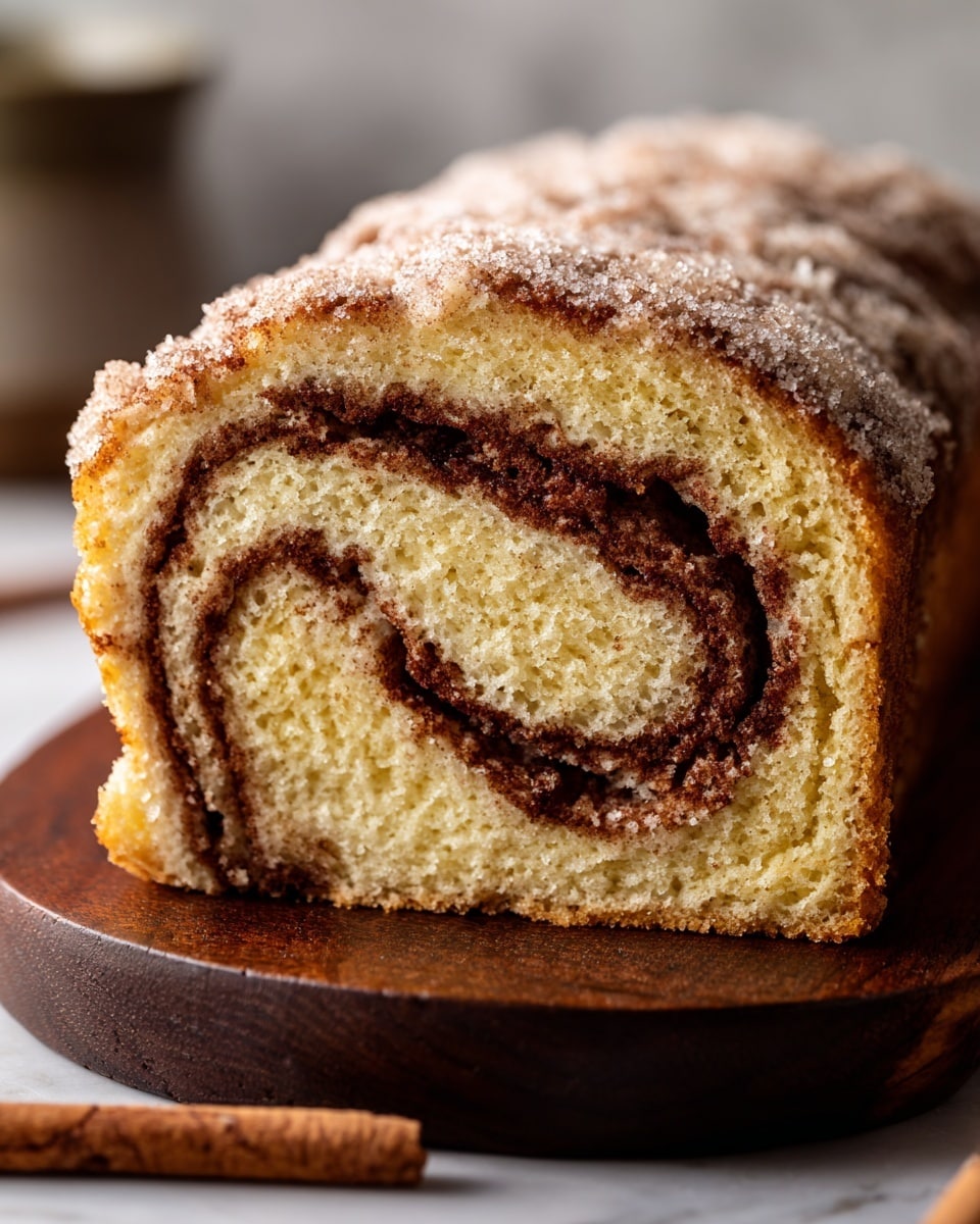 A close-up view of a loaf slice of cinnamon swirl bread resting on a dark wooden board, showing a light golden brown outer crust and a soft, moist off-white interior. The bread has a thick spiral of darker cinnamon sugar inside, weaving from the center outwards, with a dusting of cinnamon sugar on the top crust. Two cinnamon sticks lie beside the loaf on the board, and a blue and white patterned cloth is partially visible at the bottom right. The background has a blurred look with neutral tones and a white marbled texture. Photo taken with an iphone --ar 4:5 --v 7