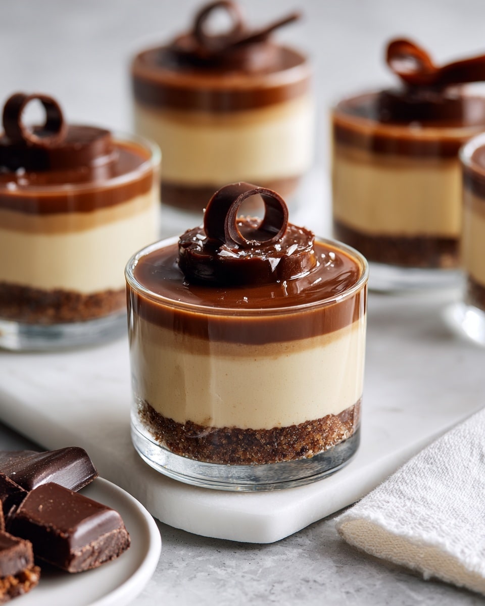 There are 14 clear glass cups arranged on a white marbled surface, each with three visible layers. The bottom layer is a crumbly, dark brown base filling about one-fourth of the cup. Above it, the middle layer is a smooth, light brown creamy filling taking up most of the remaining space. The top layer is a shiny, darker brown topping with a piece of chocolate rolled or curved placed on it. In the background, there is a white plate with more chocolate pieces on a white cloth. The scene is bright and the photo taken with an iphone --ar 4:5 --v 7