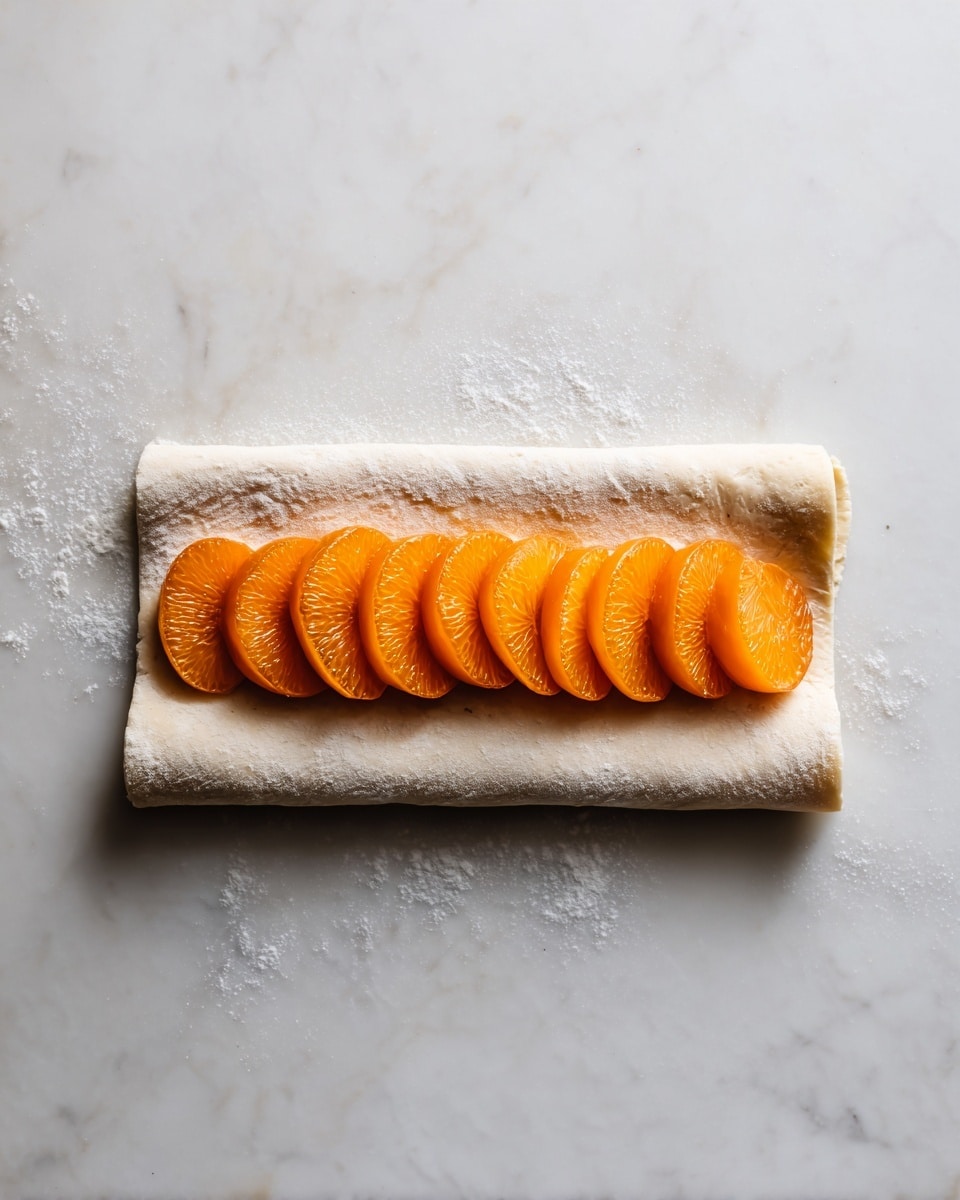 A thin rolled piece of dough lies flat on a white marbled surface dusted with flour. Inside the dough, there is a single layer of thin, round, orange fruit slices neatly arranged side by side along the length of the dough, with about half of each slice visible. The bottom half of the dough is folded over, covering the lower part of the fruit slices in a smooth white layer. photo taken with an iphone --ar 4:5 --v 7