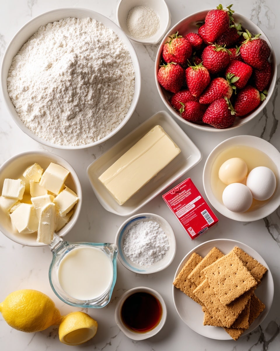The image shows several white bowls and small white dishes arranged neatly on a white marbled surface. One large white bowl is filled with fluffy all-purpose flour that looks soft and powdery, another white bowl holds a heap of powdered sugar that looks smooth and fine, and a third white bowl contains fresh, cut strawberries that are bright red and juicy. There is a small white bowl with two raw eggs, their yellow yolks clear and bright. A glass measuring cup holds warm milk, creamy white with measurement markings visible on its side. Two sticks of salted butter, wrapped in yellow and blue paper, lie between the bowls. A small white dish holds yeast and sugar together, showing a mix of white granules and tiny beige yeast grains. Another small white bowl contains square graham crackers stacked neatly, light brown and crumbly. A fresh yellow lemon and a small white dish with vanilla extract, dark brown and glossy, are also included. A rectangular red package of cream cheese adds a pop of color to the arrangement. photo taken with an iphone --ar 4:5 --v 7