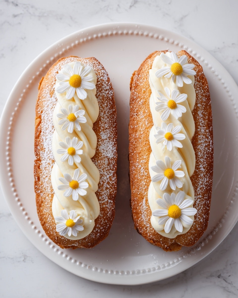 Two light golden-brown oval cakes topped with white powdered sugar sit side by side on a white plate with a dotted rim. Each cake has a row of creamy white swirled frosting running down the center, decorated with small white daisy flowers with yellow centers evenly spaced along the frosting. The plate rests on a white marbled surface, creating a soft and clean background. photo taken with an iphone --ar 4:5 --v 7