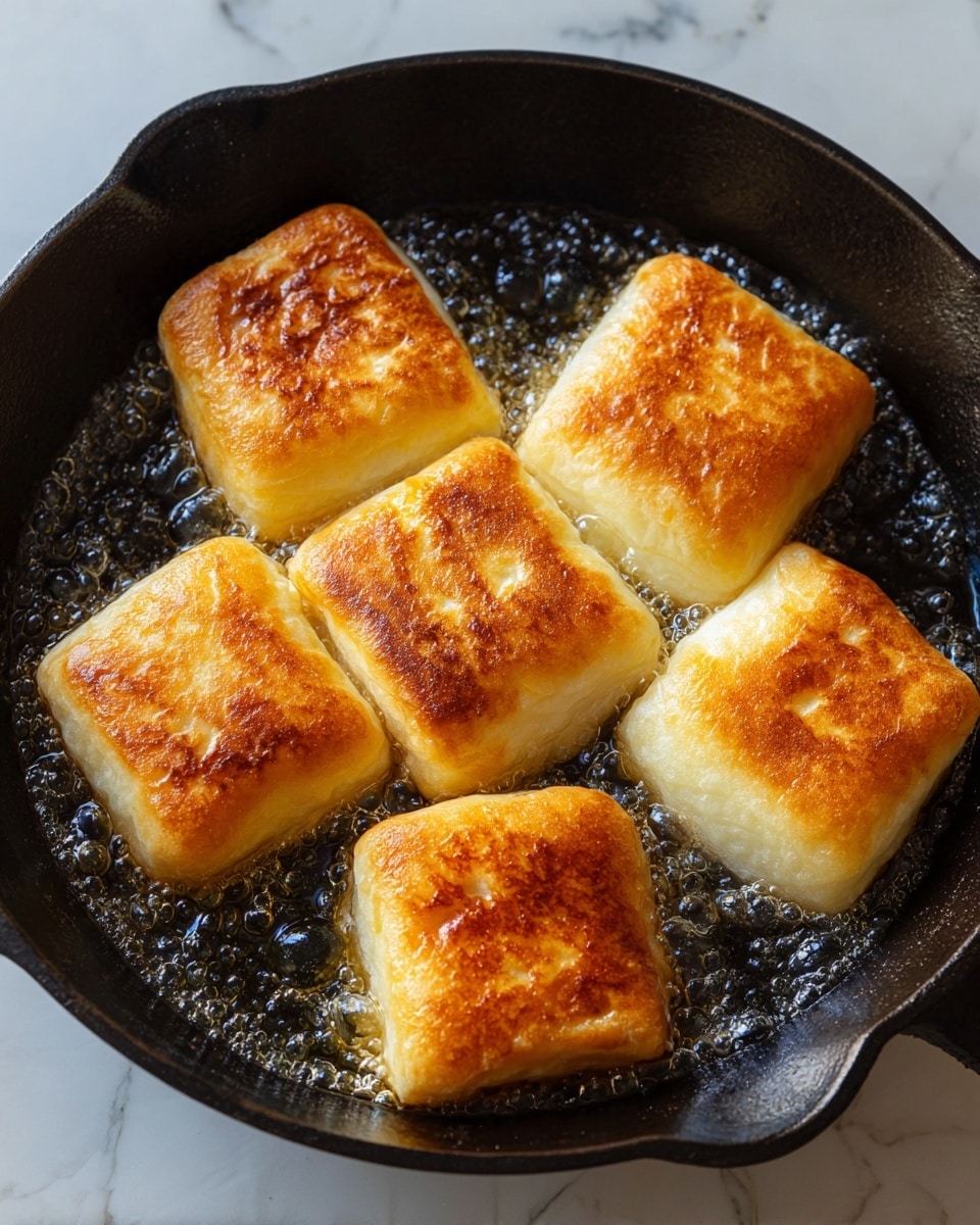 The image shows five golden brown, square-shaped pastries frying in hot oil inside a dark cast iron pan. Each pastry has a smooth, slightly shiny surface with a soft texture and is evenly spaced across the oil that bubbles gently. The pastries have puffed up a bit, showing their soft doughy insides. The dark pan contrasts with the bright warm color of the pastries, and the background has a white marbled texture. photo taken with an iphone --ar 4:5 --v 7