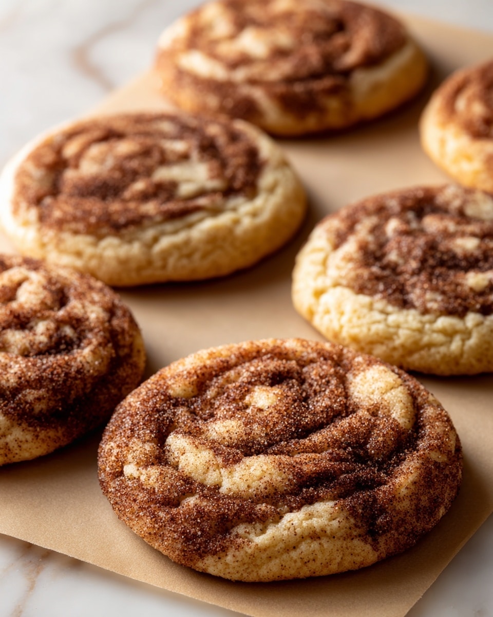 The image shows six soft, round cookies with a golden brown base and darker brown swirls on top, appearing like cinnamon mixed into the dough. Each cookie has a slightly puffy texture with small cracks and uneven surfaces, highlighting their softness. They are placed closely together on light brown parchment paper, which rests on a white marbled textured surface. The edges of the cookies are slightly darker, indicating they are baked to a crisp on the outside while remaining tender inside. photo taken with an iphone --ar 4:5 --v 7
