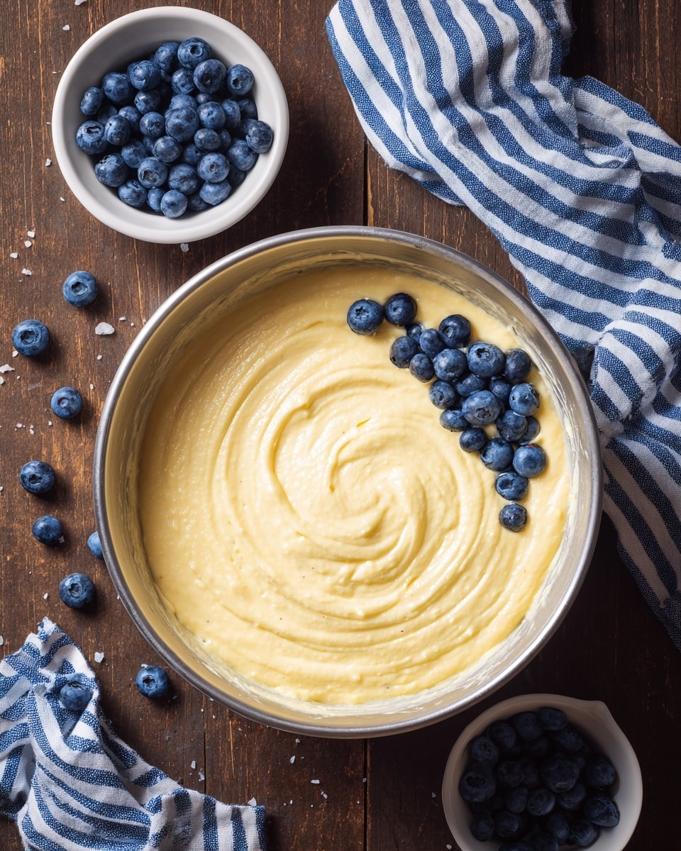 A metal mixing bowl filled with a thick, creamy, light yellow batter sitting in the center with a smooth and slightly textured swirl pattern. On the right side inside the bowl, there is a small handful of vivid blue blueberries resting on the batter. The bowl is placed on a dark wooden table with scattered blueberries around it. Two small white bowls flank the mixing bowl, one filled with bright blue blueberries on the top left and the other with white drops on the bottom right. A blue and white striped kitchen towel is folded and placed on the upper right corner of the table. photo taken with an iphone --ar 4:5 --v 7
