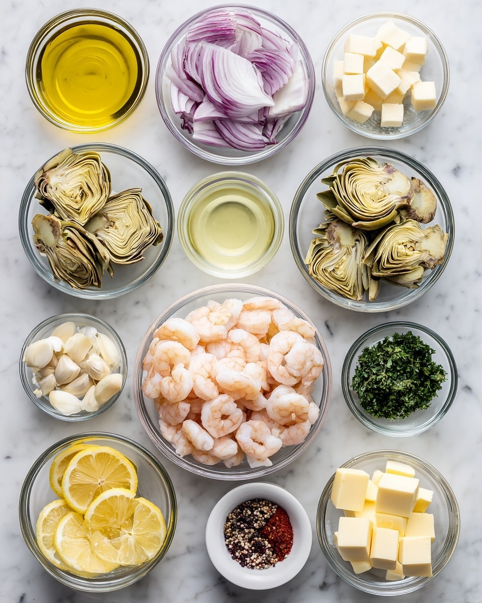 The image shows eleven small clear glass bowls arranged on a white marbled surface, each containing different ingredients. Starting from the top left, a bowl of golden yellow olive oil sits next to a bowl of thinly sliced pale purple shallots. Below the shallots is a bowl of pale yellow dry white wine, and next to it a bowl of light green artichoke hearts. To the right of the artichokes is a bowl filled with pinkish-white large shrimp with a bit of orange on their tails. Above the shrimp, small white garlic cloves fill a bowl, while to their right a bowl holds pale yellow lemon juice. In the center bottom, a bowl contains bright yellow lemon wedges cut into small segments. Above the lemon wedges is a bowl with pale yellow butter cubes. To the right of the butter, a bowl contains dark green chopped parsley. Next to the parsley is a tiny bowl with dark red pepper flakes, and below that, a small bowl holds a mix of salt and pepper, the salt being light pink and the pepper dark brown. All the elements are neatly arranged with clear labeling in black text. photo taken with an iphone --ar 4:5 --v 7