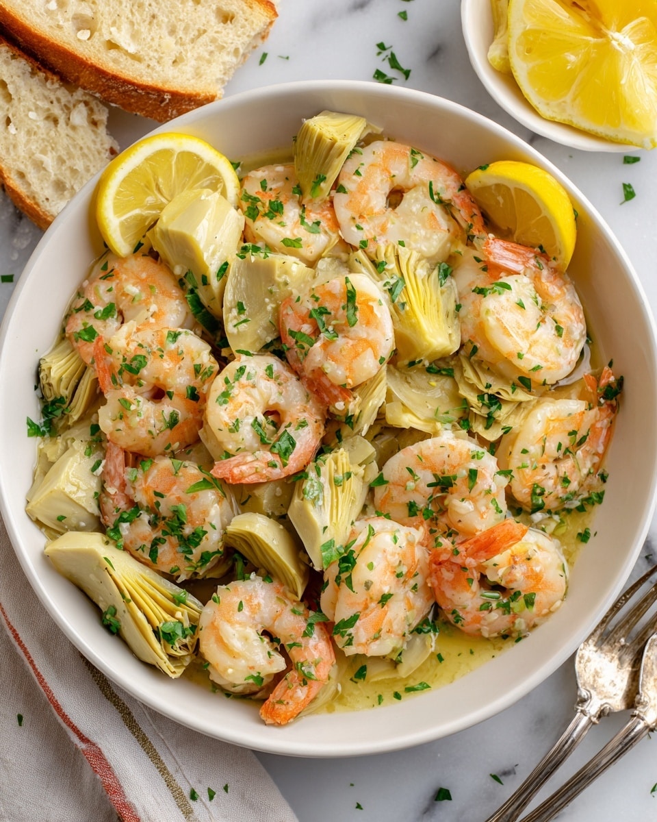 A white bowl filled with cooked shrimp that are light pink with some white parts, mixed with pale green artichoke hearts, all sprinkled with chopped fresh green herbs. Two lemon wedges sit on the side inside the bowl, adding a bright yellow color. Around the bowl, pieces of torn light beige bread and a small white bowl with thick lemon wedges rest on a white marbled surface. The shrimp and artichokes have a slight shine, showing they are lightly cooked and seasoned. Photo taken with an iphone --ar 4:5 --v 7