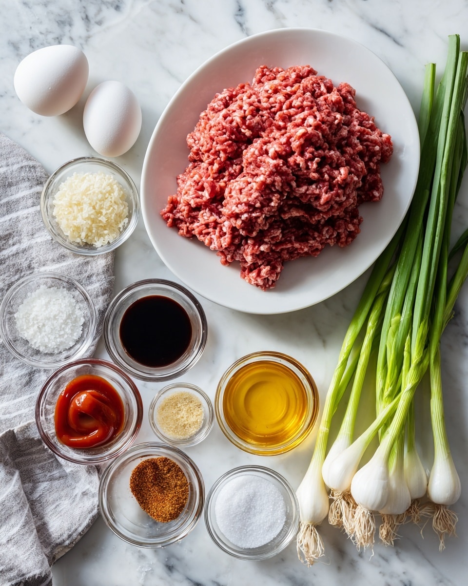 A white oval plate holds a large pile of raw ground beef, showing a mixed texture of red meat and white fat. Nearby, a whole white egg rests on the white marbled surface next to a bunch of fresh green onions with long green stalks and white roots. On a round white plate, there are small glass bowls with different sauces and liquids: bright red sriracha, creamy light yellow kewpie mayonnaise, dark soy sauce, golden honey, and light brown toasted sesame oil. Around these bowls are small containers of white salt, red pepper flakes, ground ginger powder, garlic powder, and a clear glass bowl with white panko crumbs. A grey and white cloth is placed to the side on the white marbled surface. photo taken with an iphone --ar 4:5 --v 7