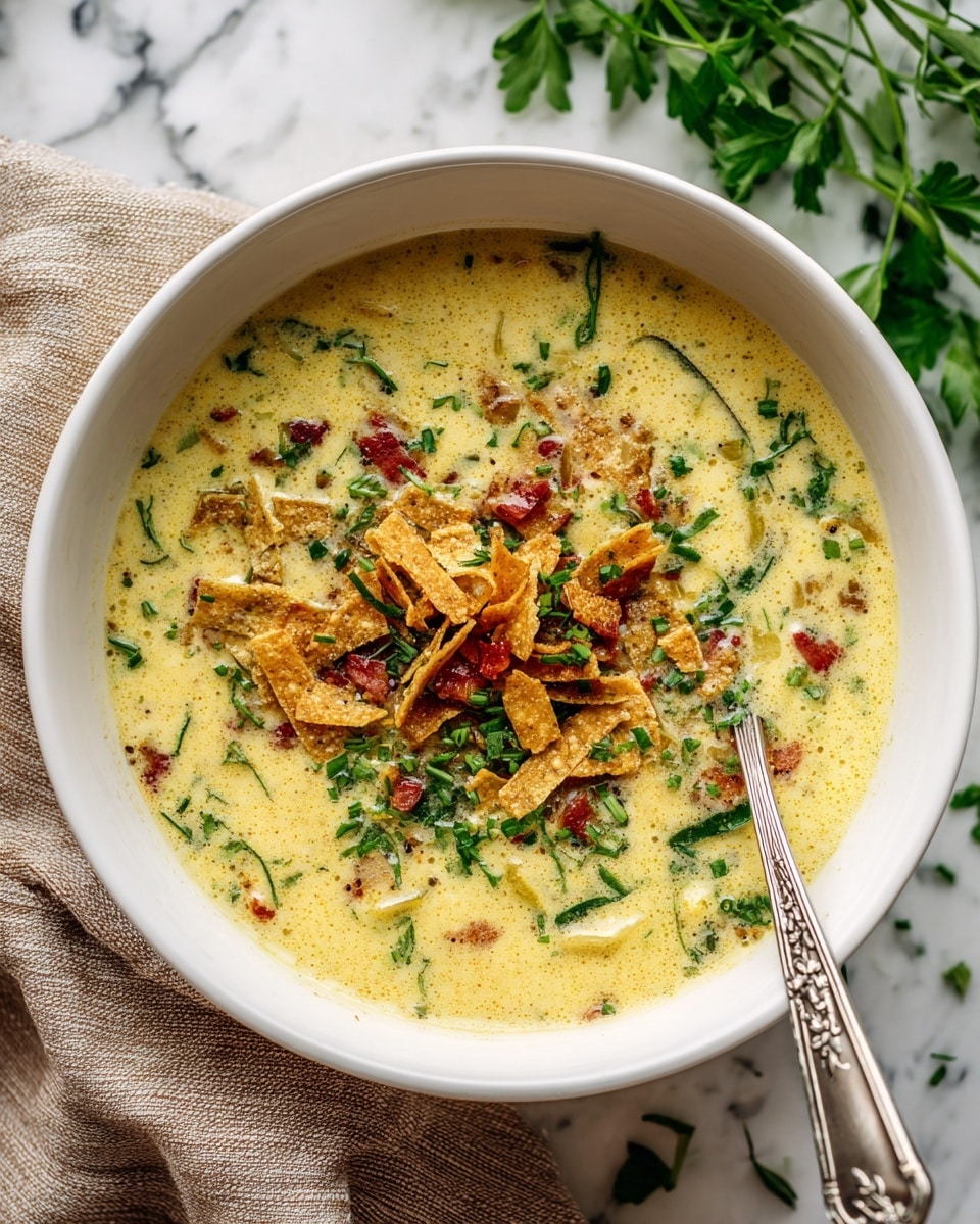 A white bowl filled with creamy yellow soup that has small red and green bits mixed in, topped with crispy golden tortilla strips scattered in the center, and sprinkled with finely chopped green herbs. A silver spoon with a decorative handle is placed inside the bowl on the right side. The bowl sits on a beige and brown cloth on a white marbled surface, with fresh green herb leaves blurry in the background. photo taken with an iphone --ar 4:5 --v 7