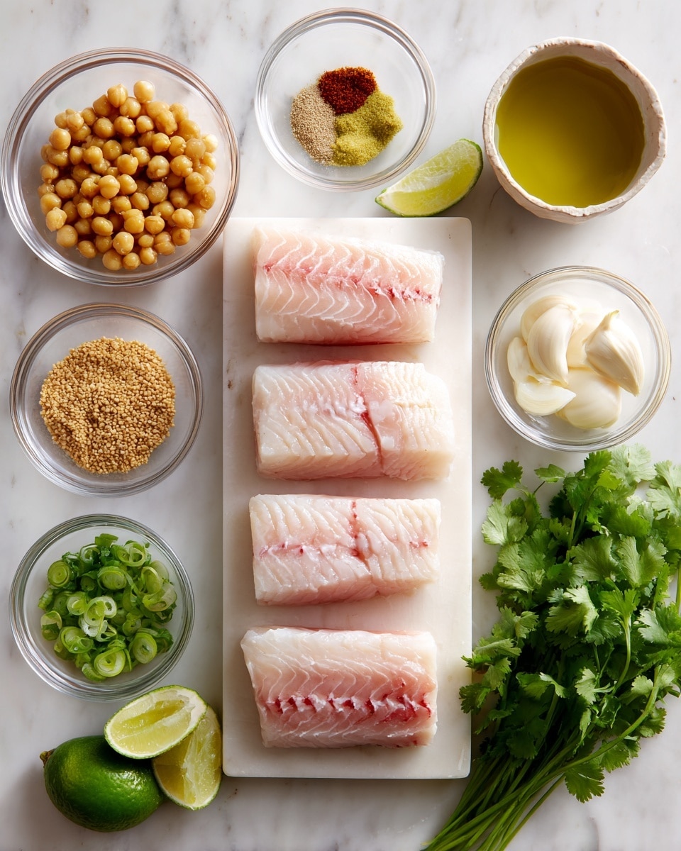 The image shows four pieces of raw barramundi fish arranged neatly in two rows on a white cutting board, each piece light pink with red lines and white edges. Surrounding the fish on a white marbled surface are small clear bowls holding golden roasted chickpeas, light brown Dijon mustard, off-white panko breadcrumbs, dark yellow curry powder, light green lime zest, and light green lime juice. There is also a clear bowl with creamy white mayonnaise, another with transparent olive oil, plus small clear bowls containing two whole cloves of white garlic, chopped light green scallions, and brownish pickled jalapenos. A bunch of fresh, leafy green cilantro rests on the lower right side. All items are spaced evenly, creating a clean and organized look. Photo taken with an iphone --ar 4:5 --v 7