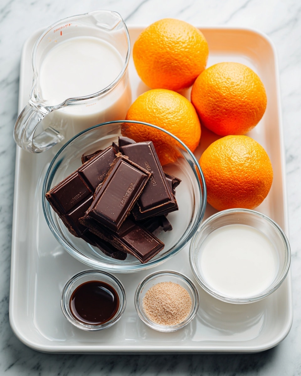 A clear glass bowl filled with dark brown chocolate squares sits center on a white tray. Around it, there are three bright orange oranges with smooth, shiny skins. To the left, a clear measuring cup holds white milk, and to the right, a small glass bowl has a white creamy liquid. At the front of the tray, two small clear cups contain a dark brown liquid and a light brown powder. The whole tray rests on a white marbled surface. photo taken with an iphone --ar 4:5 --v 7