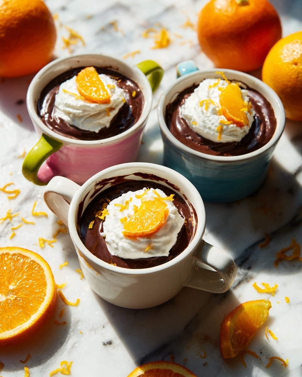 Three cups filled with a smooth, dark brown chocolate dessert are placed on a white marbled surface. Each cup shows a thick layer of white whipped cream topping the chocolate, with a small, glossy orange slice placed on the cream. The cups are white with different colored rims and handles: one with a pink rim and green handle, another with a blue rim and pink handle, and the last with a yellow rim and white handle. Around the cups, there are small bits of orange zest scattered, and whole oranges are placed nearby. The image is brightly lit by sunlight, casting soft shadows. Photo taken with an iphone --ar 4:5 --v 7