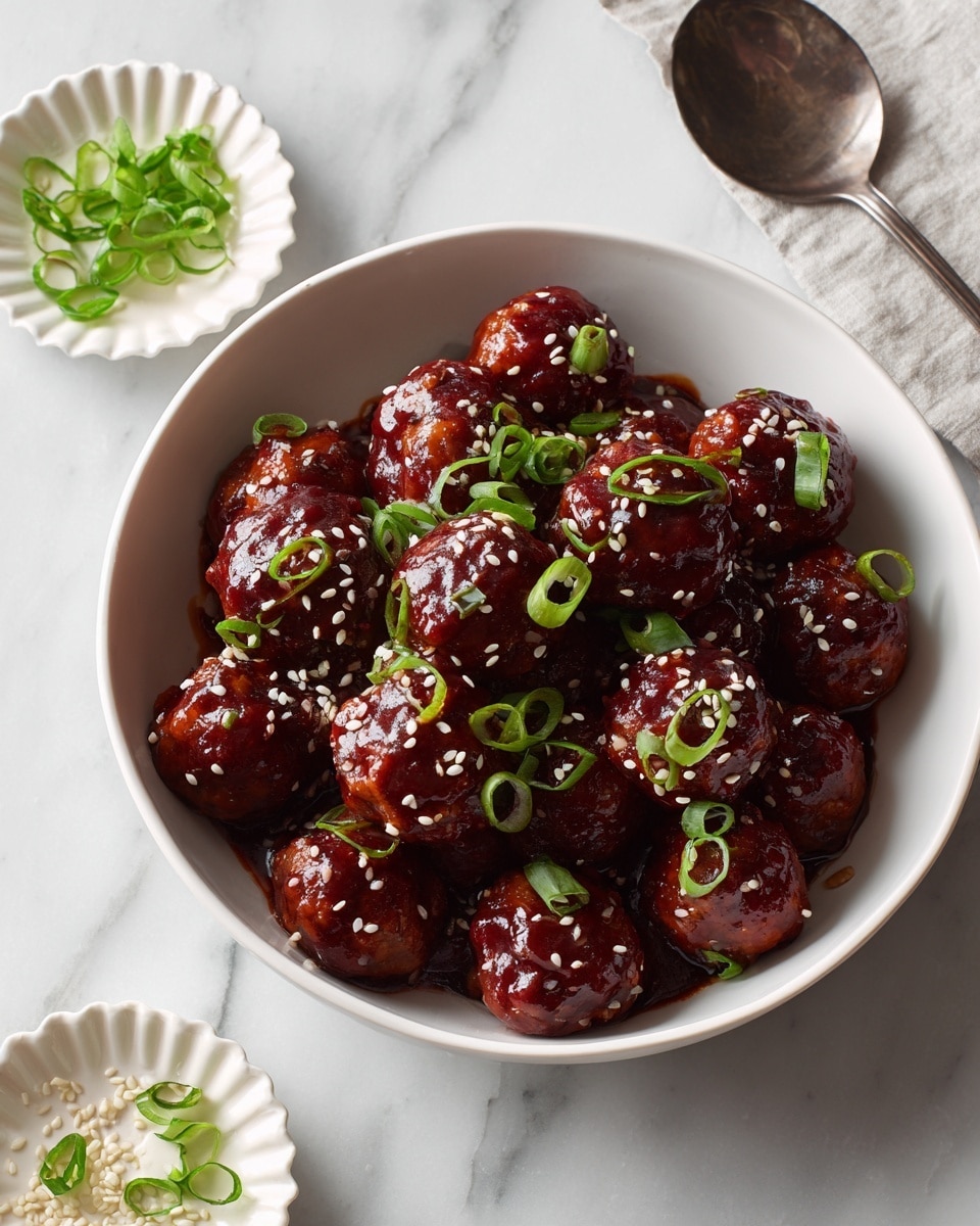 A white bowl filled with about twenty glossy, dark reddish-brown meatballs covered in a shiny sauce, sprinkled with white sesame seeds and sliced green onions on top, placed on a white marbled surface. Nearby, two small white scalloped dishes hold extra sliced green onions and sesame seeds, with some sesame seeds and green onion pieces scattered on the surface. A large silver serving spoon lies in the background. Photo taken with an iphone --ar 4:5 --v 7