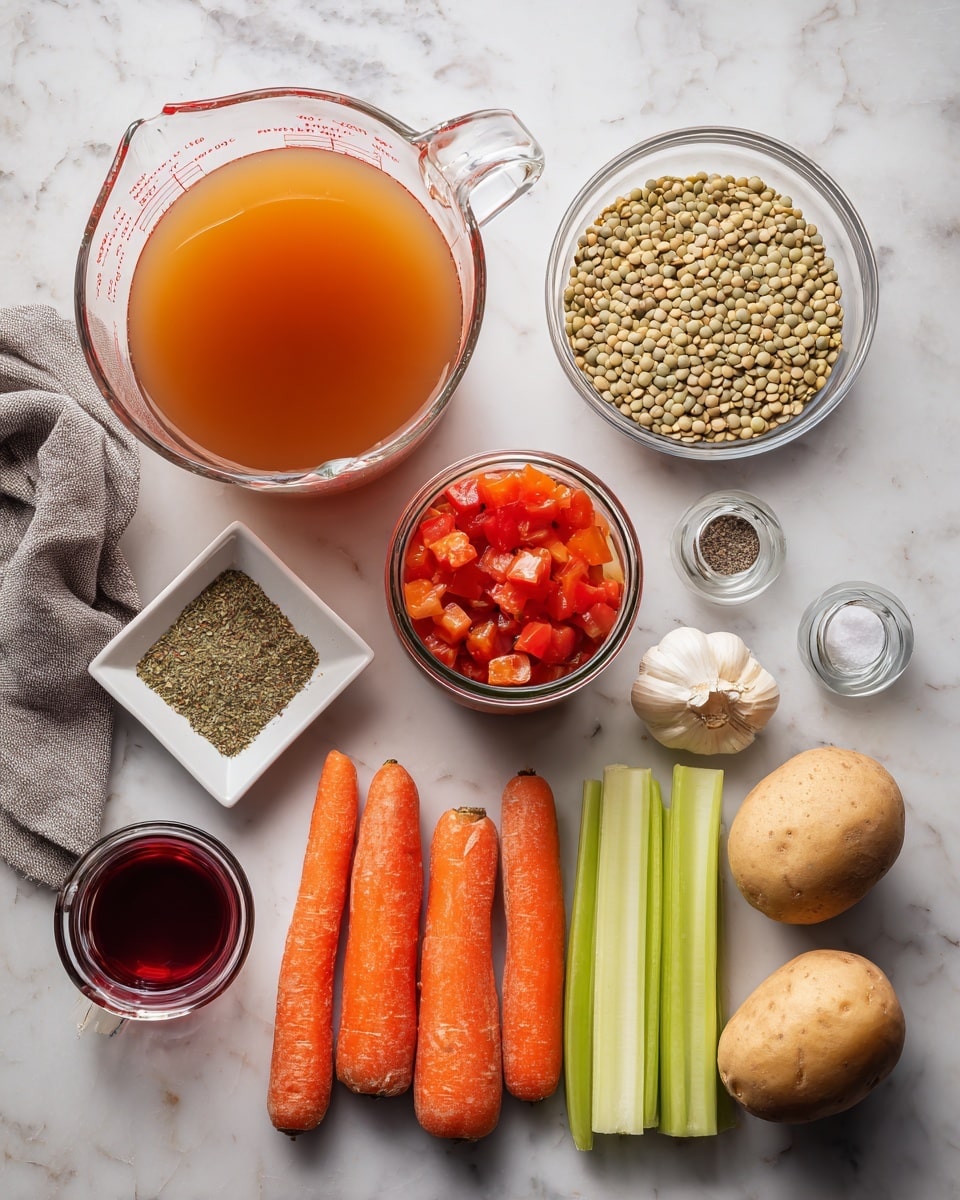 The image shows ingredients for a soup laid out on a white marbled surface. On the top left, there is a large clear measuring cup filled with amber-colored broth. Next to it on the right is a clear bowl filled with light green lentils. Below the broth, to the left, is a small white square dish holding Italian seasoning with green and orange tones. In the center, a glass jar is filled with bright red diced tomatoes. To the right of the jar, there are two small clear containers of salt and pepper. Below these, there are three bright orange carrots laying beside four light green celery stalks. A single light brown potato and three garlic cloves, pale beige, are placed near the carrots. At the bottom left is a small clear glass cup of red wine vinegar, and a folded gray cloth is partly visible on the far left. photo taken with an iphone --ar 4:5 --v 7