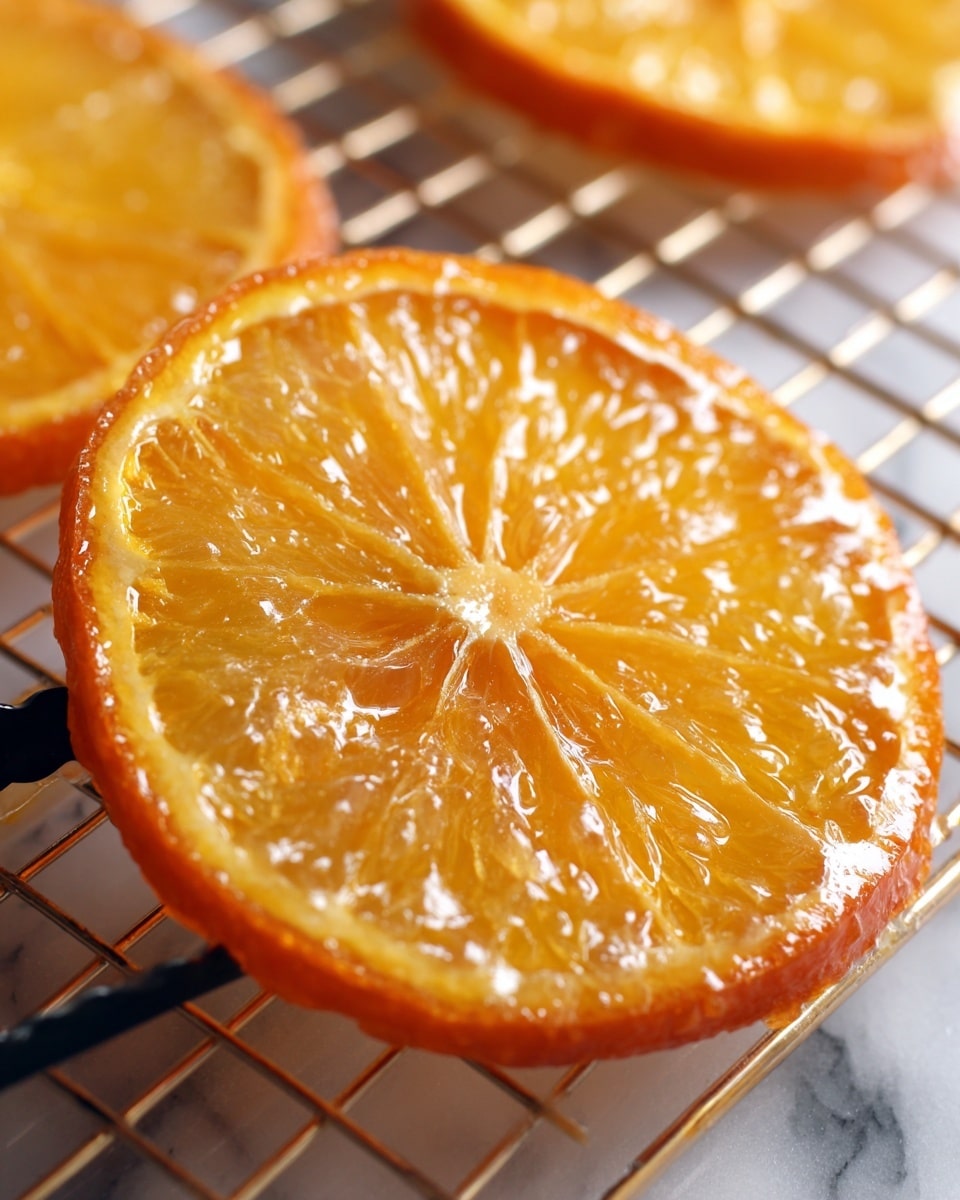The image shows a close-up of a single slice of candied orange on a metal cooling rack. The orange slice has three visible layers: a thin orange rind outer edge, a semi-translucent light amber layer beneath it, and a glossy, slightly textured darker orange center with visible pulp segments. The shine on the surface creates a sticky, glazed appearance. A black tong is holding the right side of the orange slice. The background under the rack is a white marbled texture. photo taken with an iphone --ar 4:5 --v 7