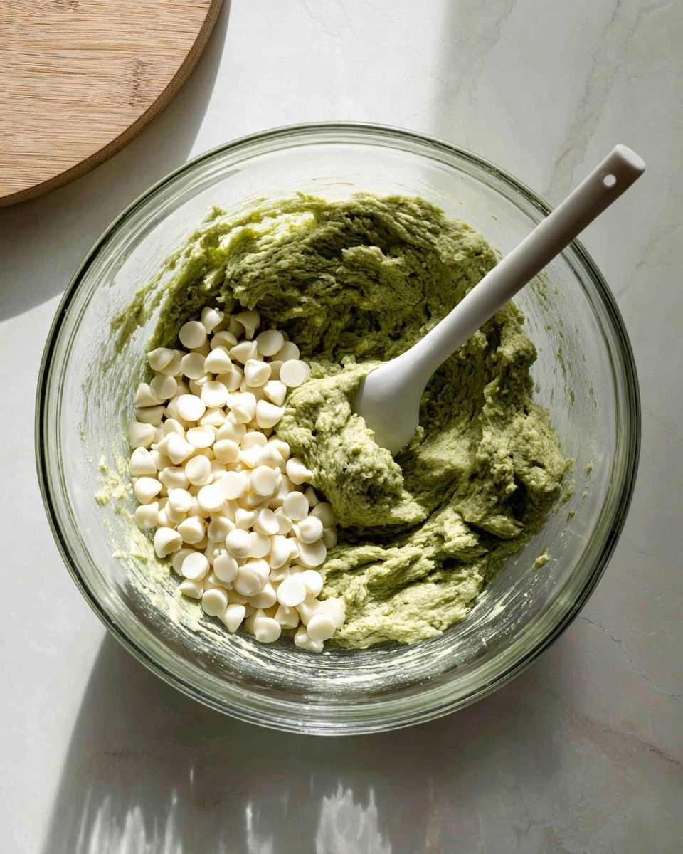 A clear glass mixing bowl holds a thick, green dough-like mixture that fills about half of the bowl, with a pile of small white chocolate chips resting on top at one side. A white spatula with a rounded handle stands upright in the mixture, slightly leaning to the side. The bowl is placed on a flat surface with a white marbled texture, and natural light casts soft shadows inside the bowl, highlighting the rough but dense texture of the green mixture and the smooth, round shapes of the chocolate chips. In the top left corner, a round wooden board is partially visible. photo taken with an iphone --ar 4:5 --v 7