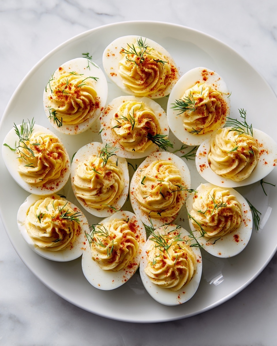 A white plate holds eleven deviled egg halves arranged in a loose circle. Each egg has a smooth, firm white outer layer holding a creamy, pale yellow filling swirled into a small peak in the center. The filling is lightly sprinkled with reddish-orange paprika and small green dill flakes, adding a touch of color and texture contrast. The plate rests on a white marbled surface. photo taken with an iphone --ar 4:5 --v 7