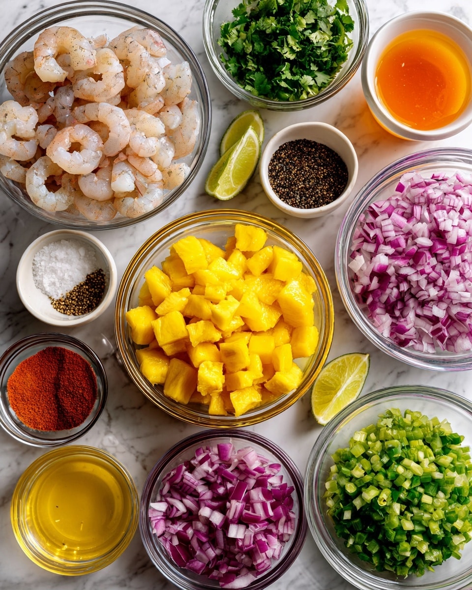 A top-down view of multiple small clear glass bowls arranged neatly on a white marbled surface, each filled with different ingredients. There is a bowl with raw shrimp showing a pale pink and white color, a bright yellow bowl of diced pineapple, a bowl of diced vibrant orange mango, and a bowl of chopped green cilantro. Around these are smaller bowls with finely chopped red onion in white and light purple tones, finely minced garlic that is pale yellow, and chopped green jalapeno. Other bowls hold smooth liquids including golden honey, bright orange hot sauce, light yellow lime juice, orange juice, and clear olive oil. One bowl contains a small mix of black pepper and white salt, and another bowl has a reddish-orange chili powder. The setup is neat and visually balanced, showcasing fresh and colorful fresh ingredients. Photo taken with an iphone --ar 4:5 --v 7