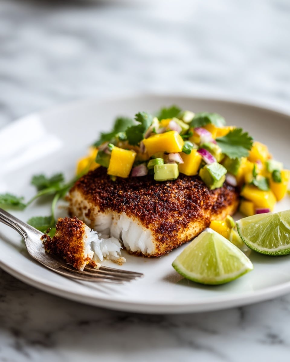 The image shows a white plate with a piece of cooked fish in the center, seasoned with a dark brown, crispy crust. A small section of the fish is torn open, revealing white, flaky inside. On top of and around the fish, there is a colorful mix of diced yellow mango, green avocado, red onion, and cilantro leaves, adding fresh green and yellow colors. To the side of the fish, there are two lime wedges, one positioned near a silver fork placed on the left edge of the plate. The plate sits on a white marbled surface with soft natural light highlighting the textures. Photo taken with an iphone --ar 4:5 --v 7