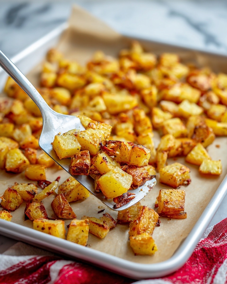 The image shows a metal tray with golden-brown roasted potato chunks that have crisp edges and soft centers, spread evenly on a sheet of parchment paper covering the tray. The potatoes vary slightly in size and are toasted to a warm yellow and light brown color with some darker roasted spots. The tray rests on a cooling rack on top of a white marbled surface. A white cloth with thin red stripes is partially visible under the tray at the bottom left corner. The overall look is warm and inviting, with a focus on the crispy texture of the potatoes photo taken with an iphone --ar 4:5 --v 7