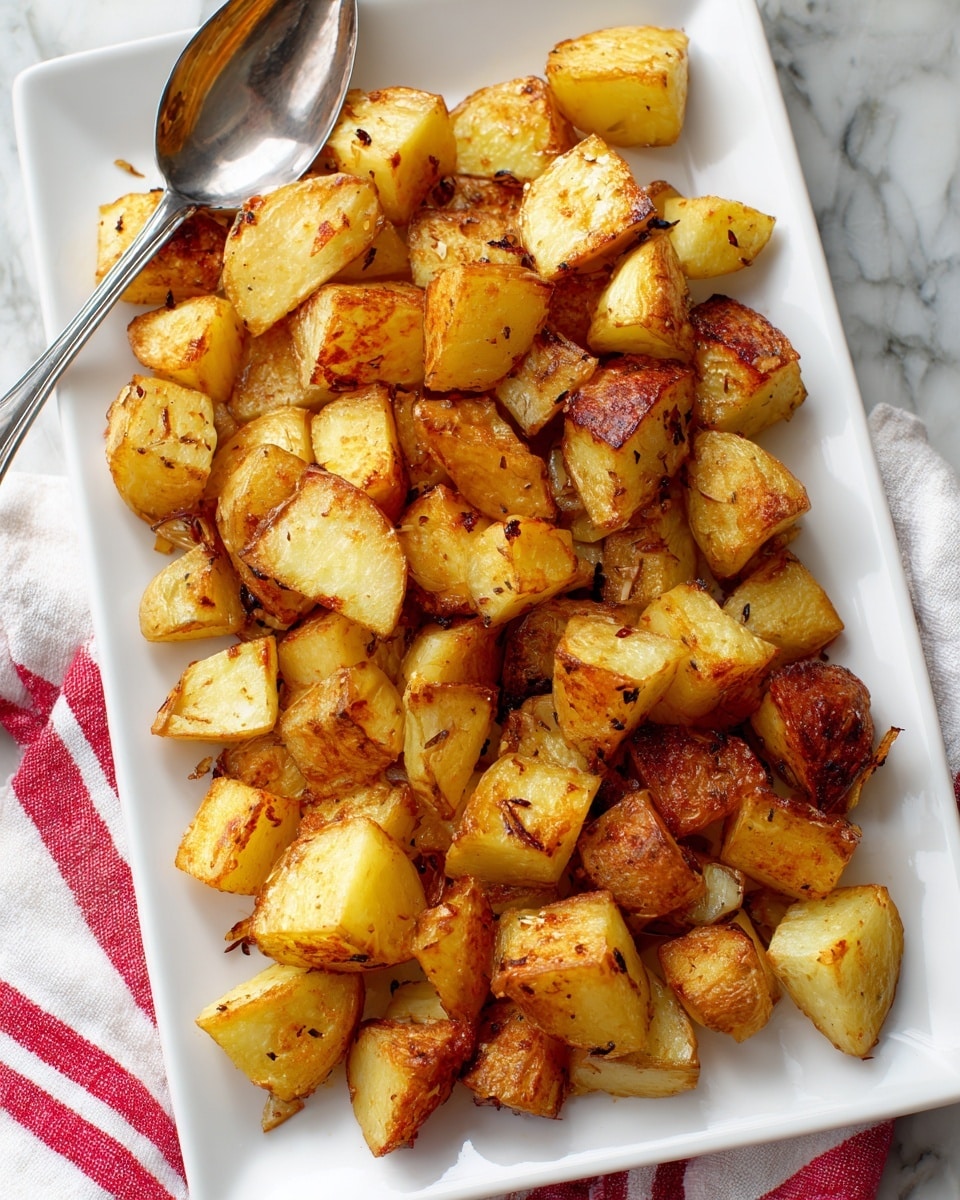 A white rectangular plate filled with roasted potato cubes that have a golden-brown, crispy skin and soft, lighter yellow inside; some pieces show small bits of browned garlic scattered on top. The potatoes pile up unevenly, covering most of the plate, and a silver spoon rests on the top left corner. The plate sits on a white marbled textured surface with a red-striped white cloth partially visible at the bottom edge. photo taken with an iphone --ar 4:5 --v 7