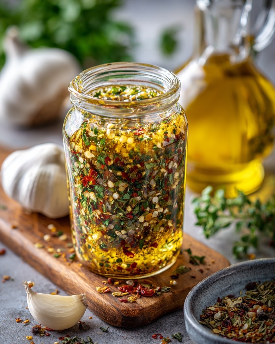A clear glass jar filled with a golden-colored liquid mixed with various finely chopped green herbs and small pieces of red and yellow spices, creating a speckled and textured look inside. The jar sits on a wooden board with a clove of garlic resting nearby. In the blurred background, there are a clear glass bottle with a handle and a taller bottle filled with yellow oil. Some green leafy herbs are visible on the right side, with a small gray ceramic dish holding a mix of dried herbs and spices in the bottom right corner. The photo taken with an iphone --ar 4:5 --v 7