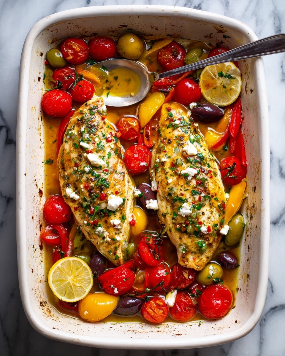 Two cooked chicken fillets sit on the bottom of a white baking dish, covered with small green herb bits and white cheese pieces. Around them are glossy red cherry tomatoes, yellow and red bell pepper strips, and black olives in a clear sauce with some oil shine. Two lemon wedges rest on one side near the edge. A metal spoon is placed inside the dish on the upper left side. The dish is on a white marbled surface. photo taken with an iphone --ar 4:5 --v 7
