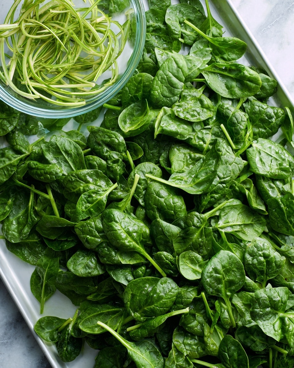 A large white tray filled with fresh, bright green spinach leaves spread out evenly across the surface, showing their textured, slightly wrinkled appearance; on the top left corner of the tray, there is a clear glass bowl containing thin, light green chopped stems, adding a different shade and texture contrast to the spinach leaves. The background is a white marbled texture. photo taken with an iphone --ar 4:5 --v 7
