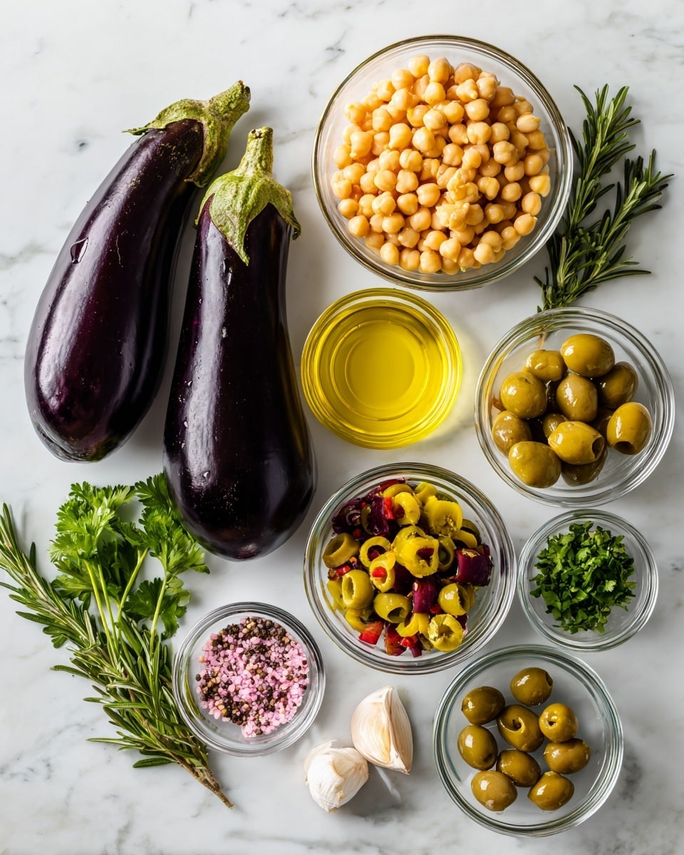 The image shows two long, dark purple eggplants placed diagonally on the left side against a white marbled background. To the right of the eggplants are eight clear glass bowls arranged roughly in a circular pattern. Starting from the top: a bowl filled with pale yellow chickpeas, a bowl of golden yellow olive oil, and a bowl of sliced green olives mixed with small pieces of red pimento. Below these are a small bowl of pink and black speckled salt and pepper mix, a bowl with fresh green parsley sprigs, a bowl of small green capers, and a small bowl holding three garlic cloves. Fresh rosemary sprigs lie next to the parsley bowl. The entire scene looks clean and organized, with each ingredient clearly visible and labeled. photo taken with an iphone --ar 4:5 --v 7