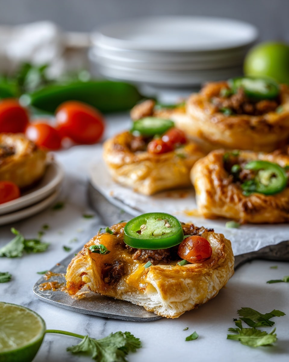 Several golden-brown puff pastry squares are arranged on a baking tray lined with parchment paper, each with four corners folded towards the center to create a pinwheel shape. The top layers show a rich orange melted cheese base with browned, crumbly cooked meat pieces scattered evenly across, garnished with small bright green cilantro leaves. Around the edges, the puff pastry is flaky with a light, airy texture and slightly crisp appearance. Lime wedges with fresh green skin sit on the tray, adding a fresh pop of color to the warm tones of the pastries. The overall scene is on a white marbled surface, with a portion of a red and beige striped cloth visible on the side. photo taken with an iphone --ar 4:5 --v 7