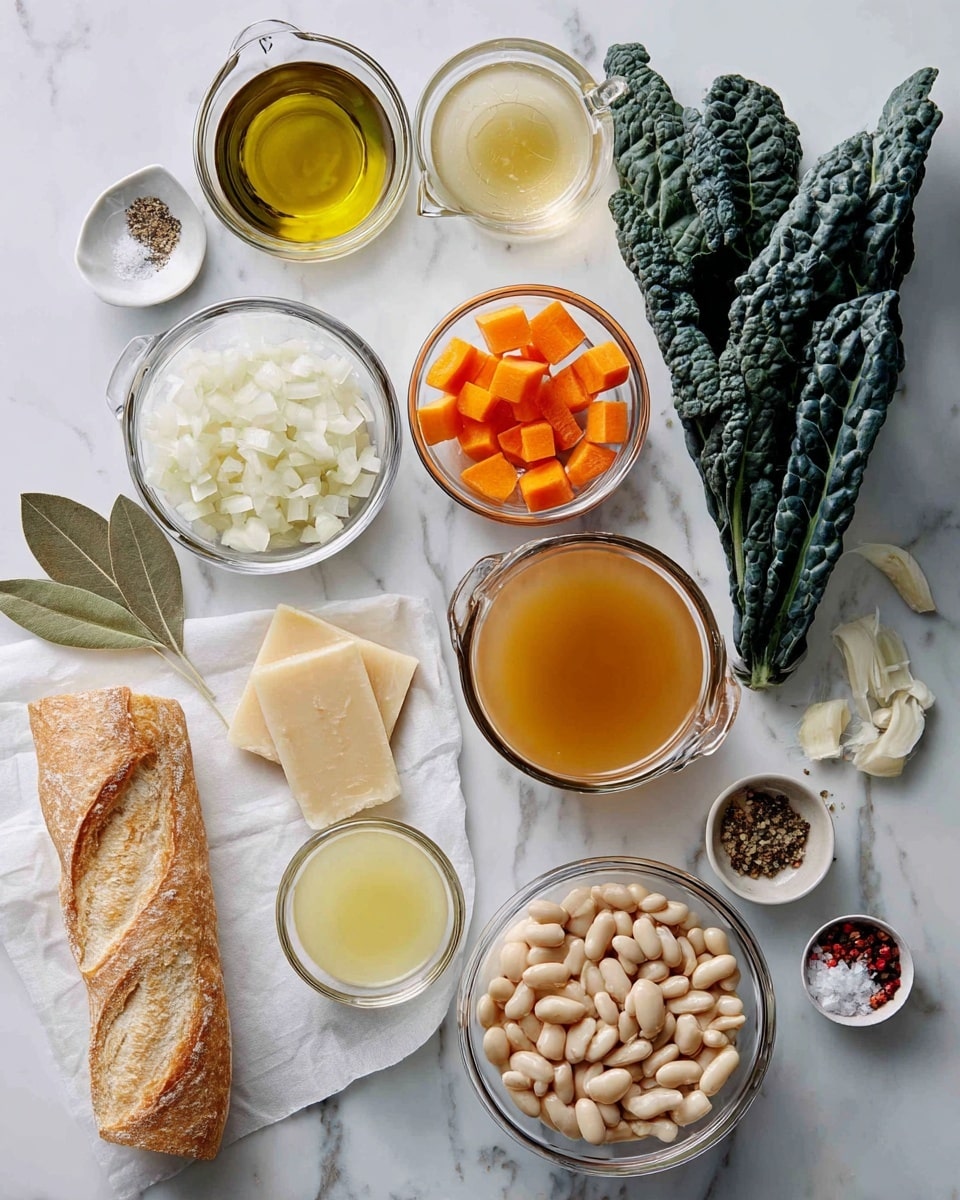 The image shows a top-down view of various cooking ingredients arranged neatly on a white marbled surface. Starting from the top left, there is a small glass bowl with olive oil, followed by a larger glass bowl of chopped white onions below it. Adjacent to the onions, to the right, is a medium bowl filled with small orange carrot cubes. Below the carrots and onions, there are two clear glass measuring cups filled with light brown chicken broth, placed side by side. To the right of the broth, there is a small glass bowl with light yellow lemon juice. Below that is a bunch of dark green kale leaves tied together, lying diagonally across the surface. Near the bottom right side, a clear glass bowl holds white beans, while next to the beans is a bowl containing two pieces of light tan cheese rind. Toward the bottom left, a small glass bowl is filled with shredded Parmigiano Reggiano cheese, and beside it is a white baguette resting on a pale piece of parchment paper. Scattered around the top right area are small bowls with garlic cloves, bay leaves, red pepper flakes, and salt and pepper. The setup is clean and organized, all elements visible and well-lit, with a slight shadow giving depth. photo taken with an iphone --ar 4:5 --v 7