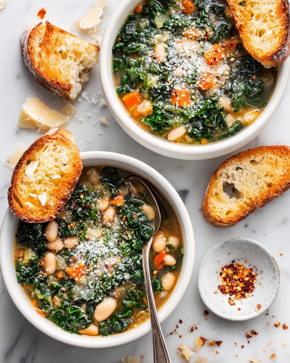 Two white bowls sit on a white marbled surface, each filled with a soup that has green leafy kale, white beans, small orange carrot pieces, and some melted white cheese sprinkled on top. Each bowl has a toasted slice of white bread with melted cheese on top resting inside, slightly on the edge. A silver spoon is placed in one of the bowls. Around the bowls, there are two more toasted cheesy bread slices and some broken pieces, along with scattered grated cheese. A small white dish with crushed red pepper flakes is also present nearby. photo taken with an iphone --ar 4:5 --v 7