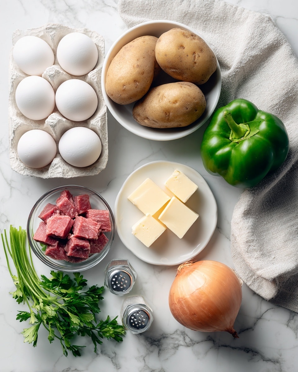 The image shows ingredients arranged on a white marbled surface with labels for each. There is a white carton holding four white eggs on the left side, next to a white bowl filled with three brown potatoes. Above the potatoes is a whole green bell pepper placed directly on the surface. To the right of the pepper is a small white dish with two square pieces of pale yellow butter. In the center, a clear glass bowl holds small pink cubes of corned beef. Below this bowl, fresh green parsley sprigs lie flat. To the far right, an orange onion sits on the surface beside two clear glass shakers labeled salt and pepper. A white and gray cloth napkin is folded partially under the eggs and potatoes. Photo taken with an iphone --ar 4:5 --v 7
