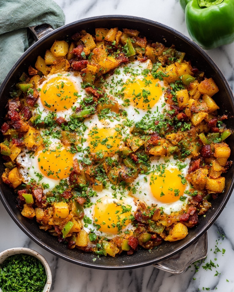 The image shows a black pan filled with a hearty breakfast hash. The bottom layer is made up of golden-brown cooked potatoes, scattered throughout with small pieces of browned green bell pepper. On top of this base, there are four cooked eggs placed evenly, each with bright yellow yolks surrounded by whites that are set but still soft. Mixed in with the potatoes and peppers are chunks of browned sausage or cured meat adding a reddish-brown color contrast. The whole dish is sprinkled with finely chopped green herbs, adding a fresh green touch. The pan is set on a white marbled surface with a green bell pepper and a small bowl of chopped herbs placed near it. Photo taken with an iphone --ar 4:5 --v 7