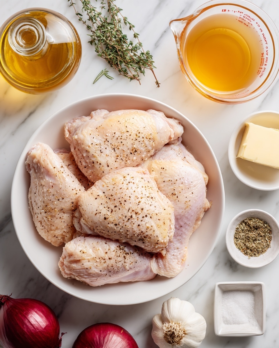 A white bowl is filled with six raw chicken pieces seasoned with black pepper and salt, showing a light pink and white texture. Around the bowl, starting from the top left, there is a clear glass bottle with golden oil, a clear measuring cup with light yellow broth, a small white container filled with dried thyme, a whole white garlic bulb, a whole golden brown onion, a small white dish with a square piece of butter, a small clear pepper grinder, a small square white dish with reddish seasoned salt, a small square white dish filled with dried rosemary, and a clear glass filled with amber apple juice. All items are placed on a white marbled surface. Photo taken with an iphone --ar 4:5 --v 7
