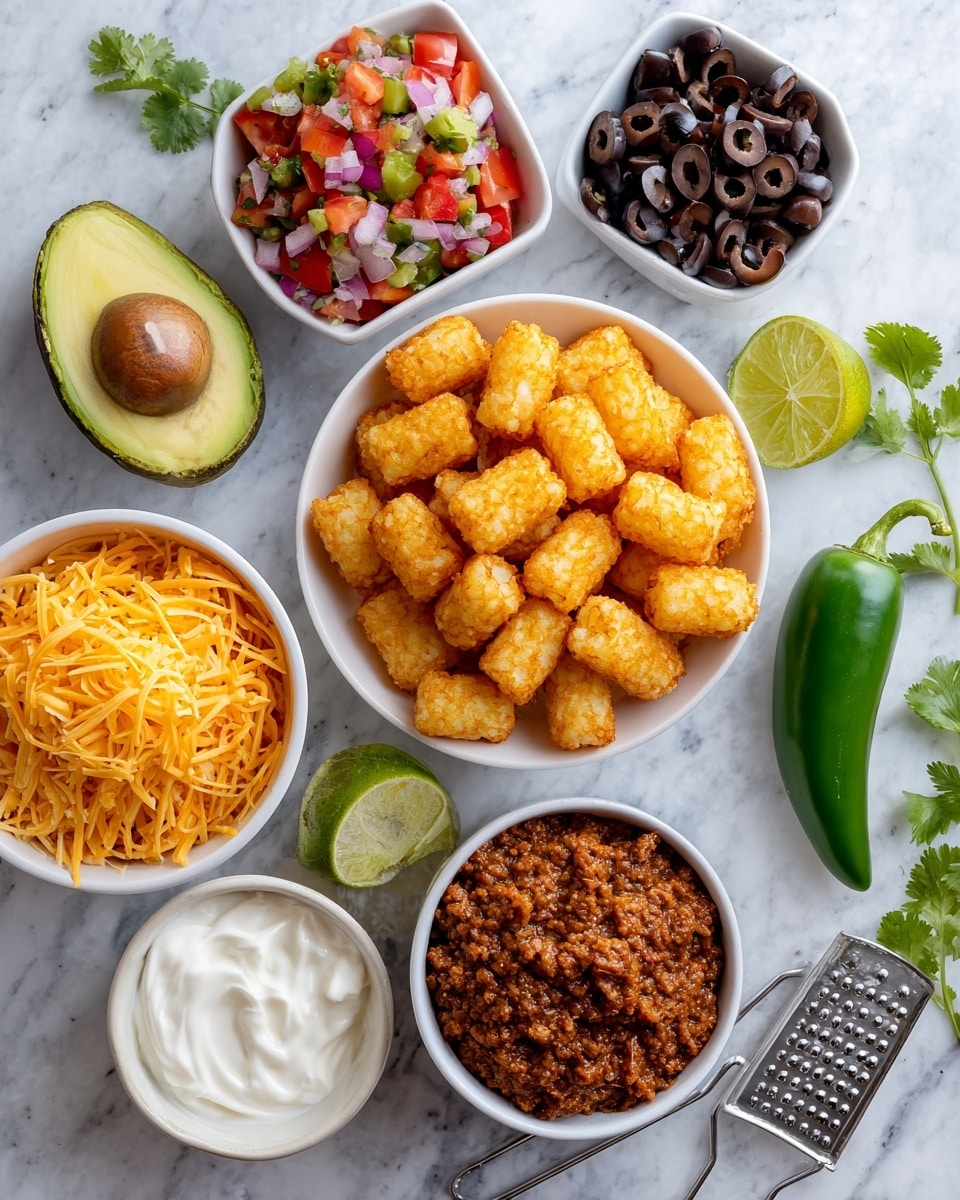 The image shows several ingredients arranged neatly on a white marbled surface. In the top right corner, a white bowl is filled with tater tots, golden and crispy. Next to it on the right is a whole green jalapeno pepper. Below the jalapeno is a metal cheese grater with shredded orange cheese piled on it and a block of cheese resting on top. In the bottom left corner, a white bowl holds brown taco meat with a crumbly texture. Above the meat bowl is a half avocado with a visible seed and green flesh. Next to the avocado to the left is a slice of lime. Above the lime, a white bowl contains colorful pico de gallo made of diced tomatoes, red onions, and green peppers. To the top left, a small rectangular white bowl is filled with sliced black olives. In the middle of all these items is a small round bowl with thick white sour cream. Some green cilantro leaves are visible in the top left corner on the edge of the image. photo taken with an iphone --ar 4:5 --v 7