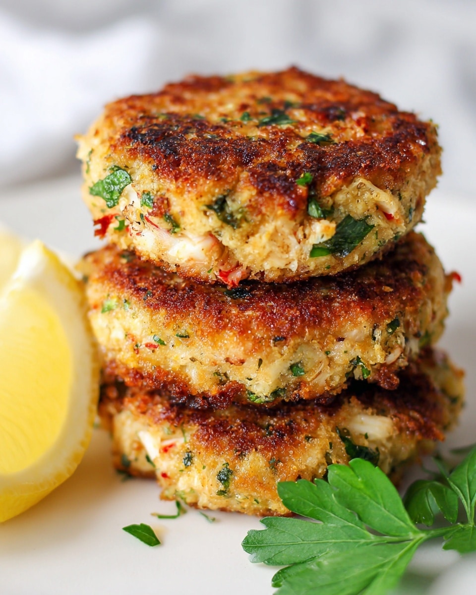 The image shows a stack of three golden-brown crab cakes with a crunchy and textured surface, flecked with green herbs and small bits of crab meat. The cakes have a round shape and are placed on a white plate with a wedge of lemon and a fresh green parsley leaf on the side. The background is a white marbled texture, adding brightness to the scene. Photo taken with an iphone --ar 4:5 --v 7