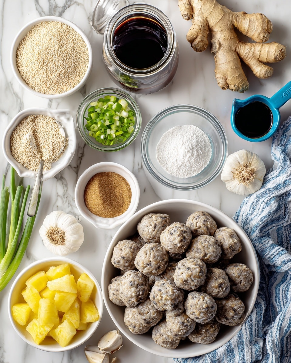 The image shows ingredients for a dish arranged on a white marbled surface. In the bottom right, a large white bowl is filled with many round frozen meatballs that have a rough, textured surface. Above this bowl, there is a glass jar filled with dark brown teriyaki sauce. To the left of the jar, a small white bowl holds bright green chopped green onions, and next to that, a smaller white bowl contains light beige sesame seeds. Near the top center, a tiny white bowl holds white cornstarch powder, while next to it, a clear glass bowl contains a clear liquid of water mixed with cornstarch. Below these, a medium white bowl contains light brown packed brown sugar. To the left of the sugar bowl, a blue and white measuring cup holds dark soy sauce. To the right of the soy sauce, a small clear bowl contains minced pale yellow garlic. On the left side of the image, a small white bowl has bright yellow pineapple chunks. Around the bowls are fresh ginger root with a rough beige surface, whole garlic bulbs, and a blue and white striped kitchen towel. The setup looks neat and well spaced. Photo taken with an iphone --ar 4:5 --v 7