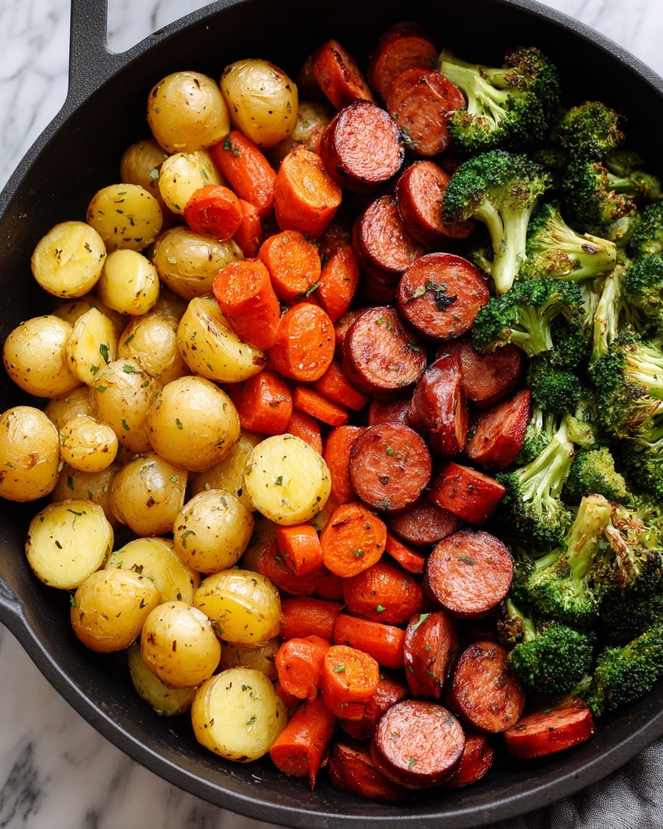 A black pan filled with cooked food showing three main layers: the first layer has small, round golden yellow potato pieces with a slightly blistered texture; the second layer includes bright orange baby carrots scattered throughout the pan; the third layer displays slices of grilled sausage, deep red with dark grill marks and a shiny surface, mixed with small bright green broccoli florets. The food appears shiny and lightly charred, all resting on a white marbled surface in the background. photo taken with an iphone --ar 4:5 --v 7
