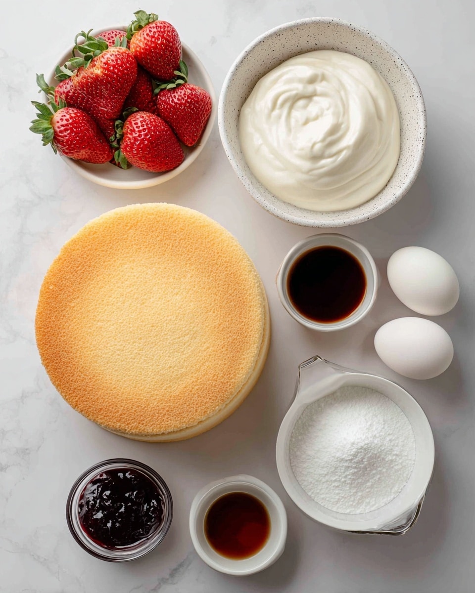 This image shows a top view of ingredients and an angel food cake on a white marbled surface. The cake, on the left, has a light golden brown, soft, and fluffy texture with a slight swirl pattern. To the right of the cake, there are four white eggs placed close together. Above the eggs, there is a white speckled bowl filled with smooth, white light cream. Next to the cream, a small white bowl holds dark brown sherry, which looks thick and shiny. Below the sherry, there is a small white bowl filled with white sugar, which has a slightly grainy texture. To the right of the eggs, a white bowl contains fine white icing sugar. Below it, a clear glass jug holds light off-white whipping cream. Near the bottom of the image, a small white bowl is filled with glossy dark purple jam, and beside it is a tiny white bowl with dark brown vanilla liquid. A cluster of fresh, red strawberries with green tops is at the upper left corner of the image. The whole setup is clean and bright with a neat arrangement of the ingredients. photo taken with an iphone --ar 4:5 --v 7