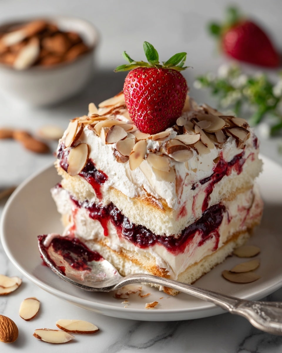 A layered dessert sits on a white plate over a white marbled surface, showing about three layers of soft, creamy white with swirls of dark red berry sauce in between and on top. Toasted almond slices are sprinkled generously over the dessert, adding a light brown, crunchy texture. On the center of the top layer, there is a bright red half strawberry with green leaves. A silver spoon with some dessert on it rests partially under the right side of the dessert. In the upper left corner, there is a small bowl filled with more toasted almonds, and green sprigs are visible in the background. Photo taken with an iphone --ar 4:5 --v 7