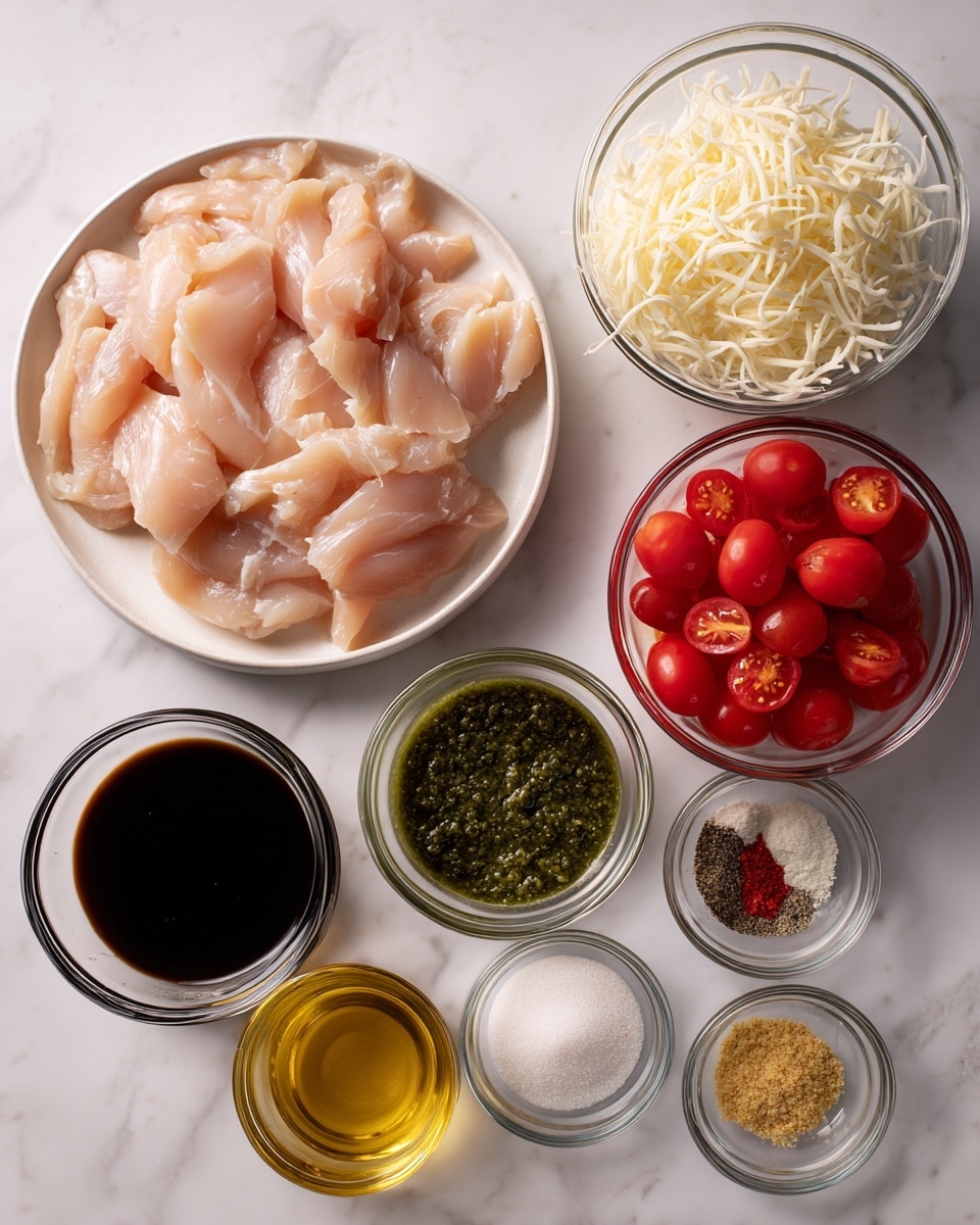 The image shows raw thin chicken fillets arranged overlapping on a white plate on the left. On the right side, there are nine small clear glass bowls placed neatly on a white marbled surface, each containing different ingredients: shredded white cheese at the top, then halved red cherry tomatoes below it, a green pesto sauce below the tomatoes, a small bowl of dark balsamic vinegar at the bottom left, and a few more bowls containing minced garlic, cornstarch, honey, and a mix of salt and black pepper spread across the right side. The colors of the ingredients range from pale beige chicken, white cheese, bright red tomatoes, deep green pesto, dark vinegar, yellow honey, and white and light yellow spices, all neatly displayed. Photo taken with an iphone --ar 4:5 --v 7