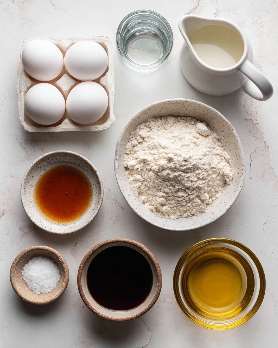 The image shows several ingredients arranged neatly on a white marbled surface. At the top left, four white eggs form a cluster. To the right of the eggs, a small white pitcher holds almond milk, with a clear glass filled with water next to it. Below the eggs, a white speckled bowl is filled with whole wheat flour. Next to it, a small white bowl contains amber-colored maple syrup. At the bottom left, there is a tiny bowl with salt, near a small rustic brown cup filled with dark vanilla extract. Finally, at the bottom right, a clear glass bowl holds coconut oil. All items are spaced evenly and clearly visible. photo taken with an iphone --ar 4:5 --v 7