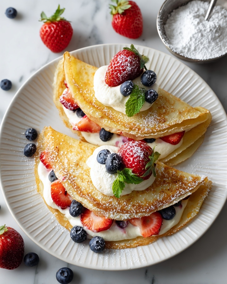 The image shows a white plate with three golden-brown folded crepes arranged side by side on a white marbled surface. Each crepe is filled and topped with smooth white cream, with vibrant red strawberry slices and dark blue blueberries scattered on and around the crepes. There is a sprig of bright green mint on one of the crepes adding fresh color. A shiny silver fork holds a strawberry piece dipped in cream near the front of the plate. The background is softly blurred with a white and neutral tone, highlighting the colorful fruit and crepes. photo taken with an iphone --ar 4:5 --v 7