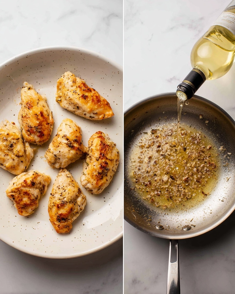The image on the left shows six cooked chicken pieces arranged on a white plate with small darker speckles; the chicken has a golden brown color with seasoning visible on the surface, each piece showing different shapes and sizes with a crispy texture. The image on the right shows a stainless steel pan with brown bits stuck to the bottom, and a bottle pouring white wine into the pan, with the wine creating a thin shiny layer on top. Both images have a white marbled surface background. photo taken with an iphone --ar 4:5 --v 7